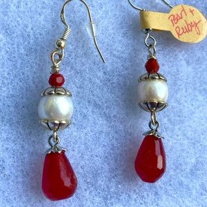 Natural Red Ruby & White Cultured Pearl Earrings